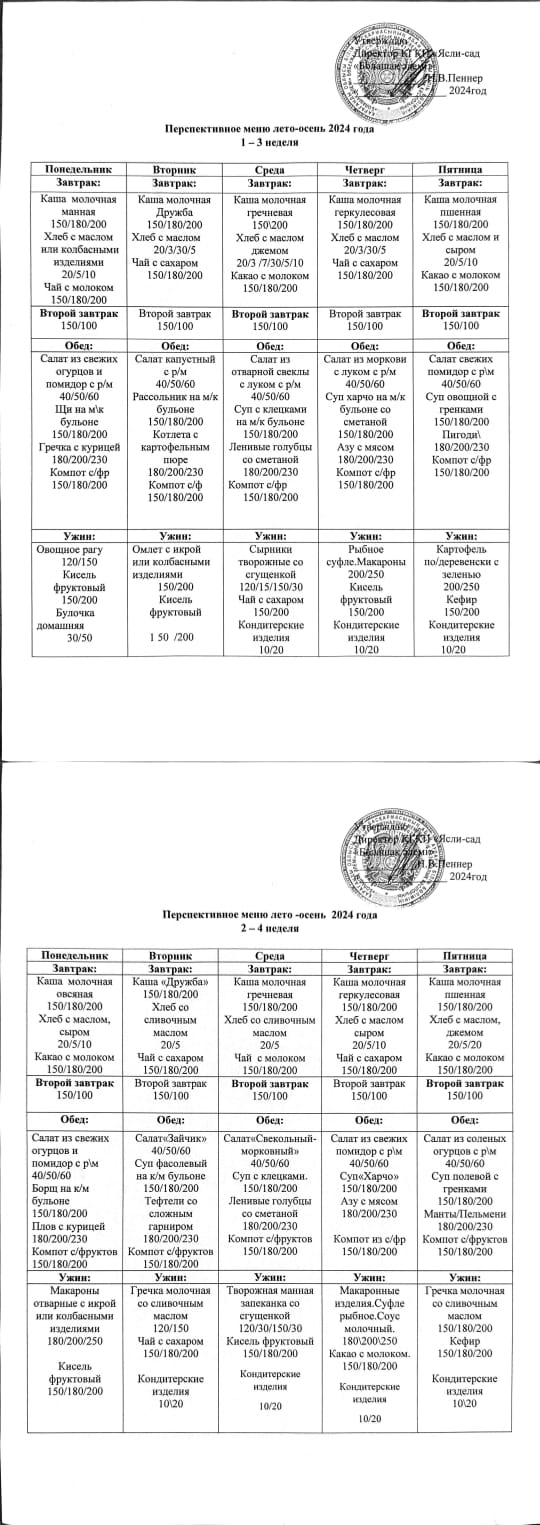 Перспективное меню сезонное на 2024 год 1-4 недели