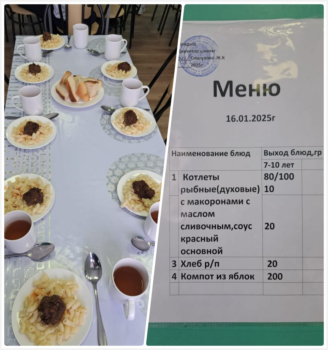 С.Мұқамеджанов атындағы ЖББ мектебінің ас мәзірі