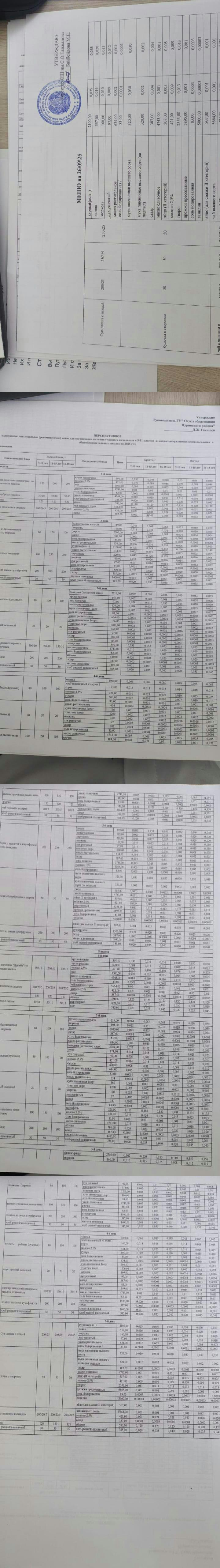 Меню  школьного питания